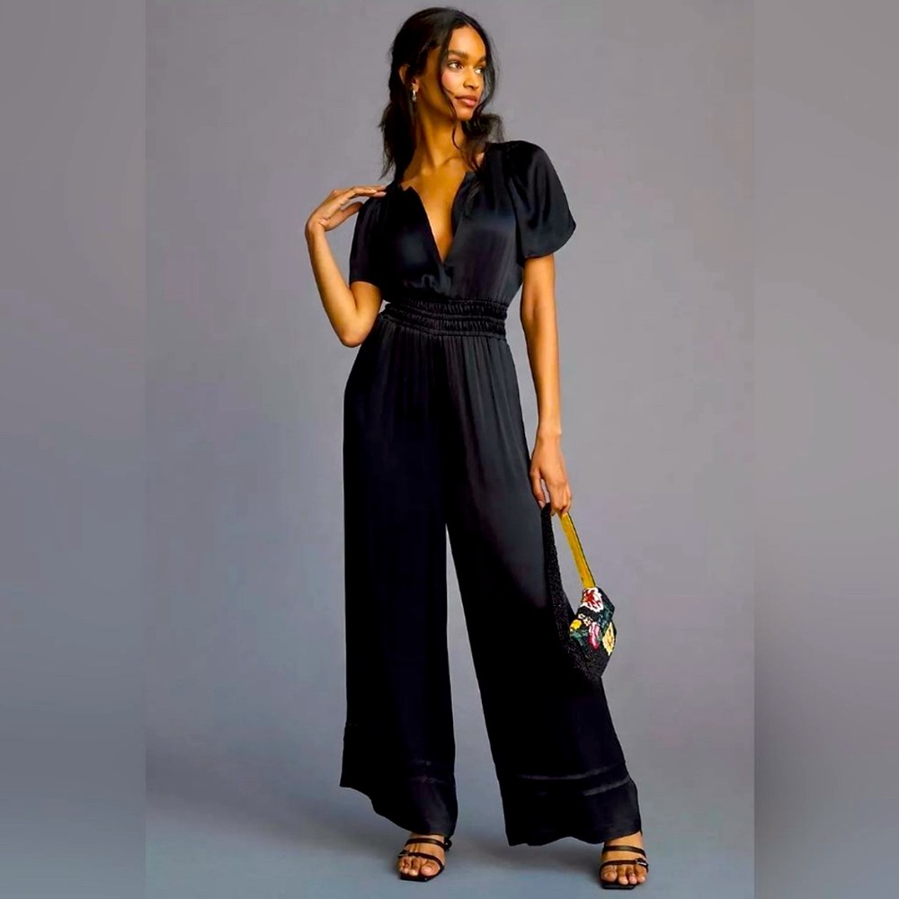 Somerset by Anthropologie Satin black jumpsuit with pockets size M